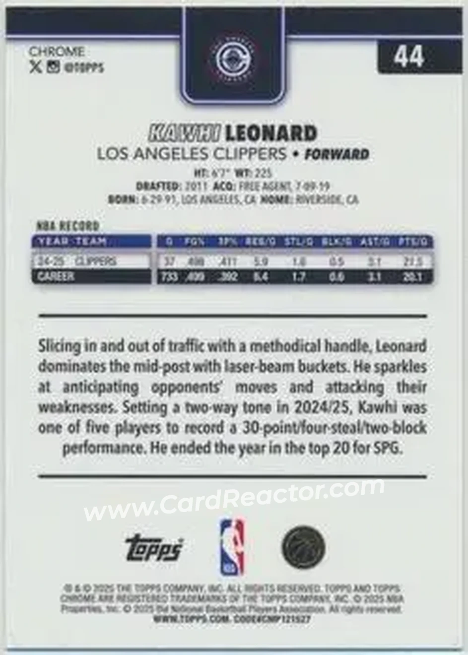 2025-26 Topps Chrome Sapphire Edition #44 - Kawhi Leonard - Los Angeles Clippers - Back