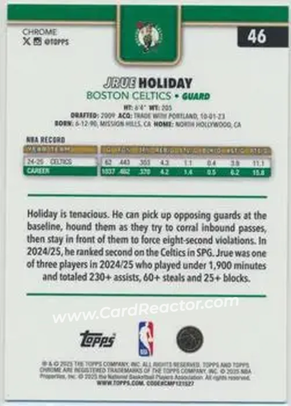 2025-26 Topps Chrome Sapphire Edition #46 - Jrue Holiday - Boston Celtics - Back