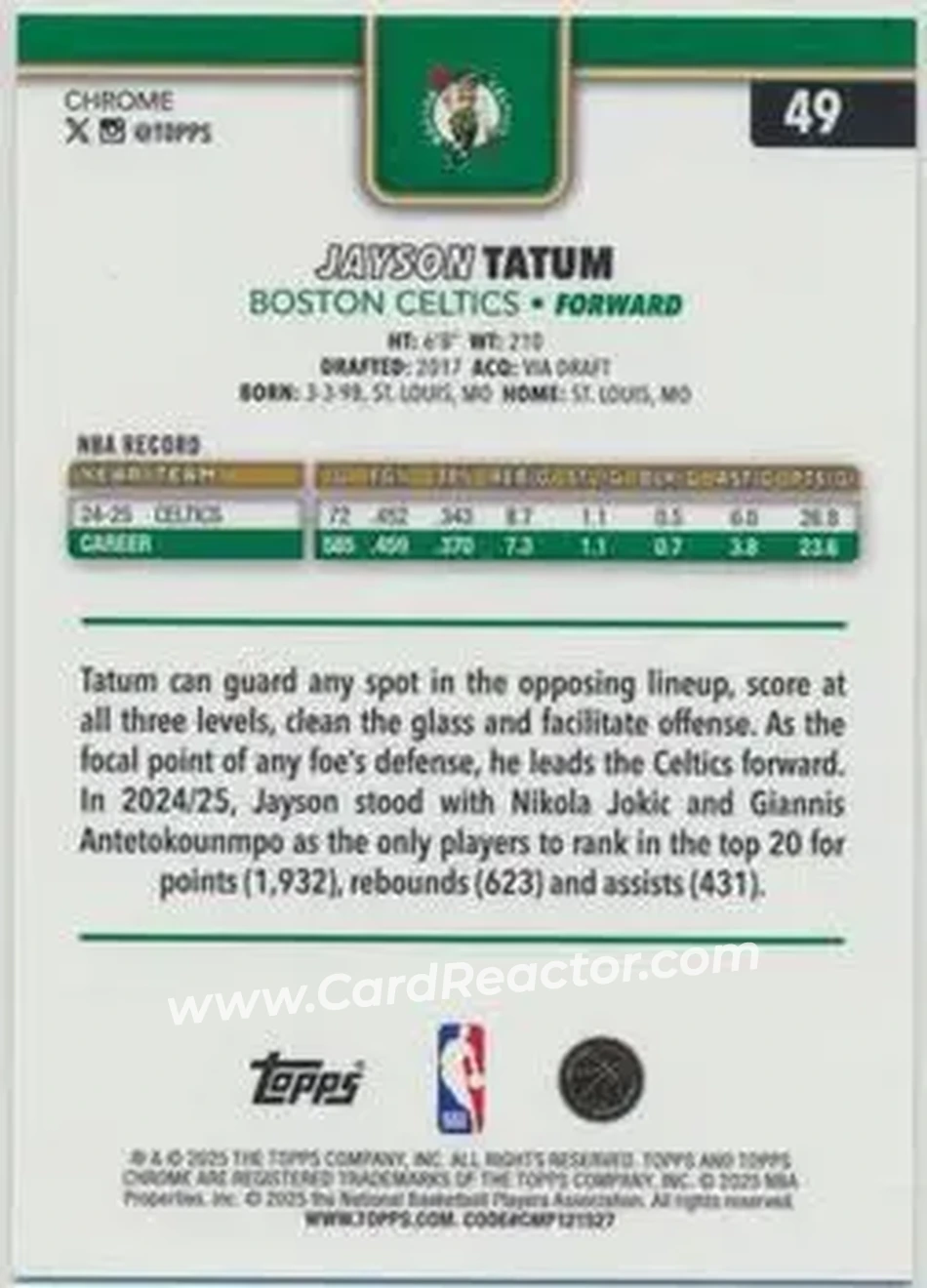 2025-26 Topps Chrome Sapphire Edition #49 - Jayson Tatum - Boston Celtics - Back