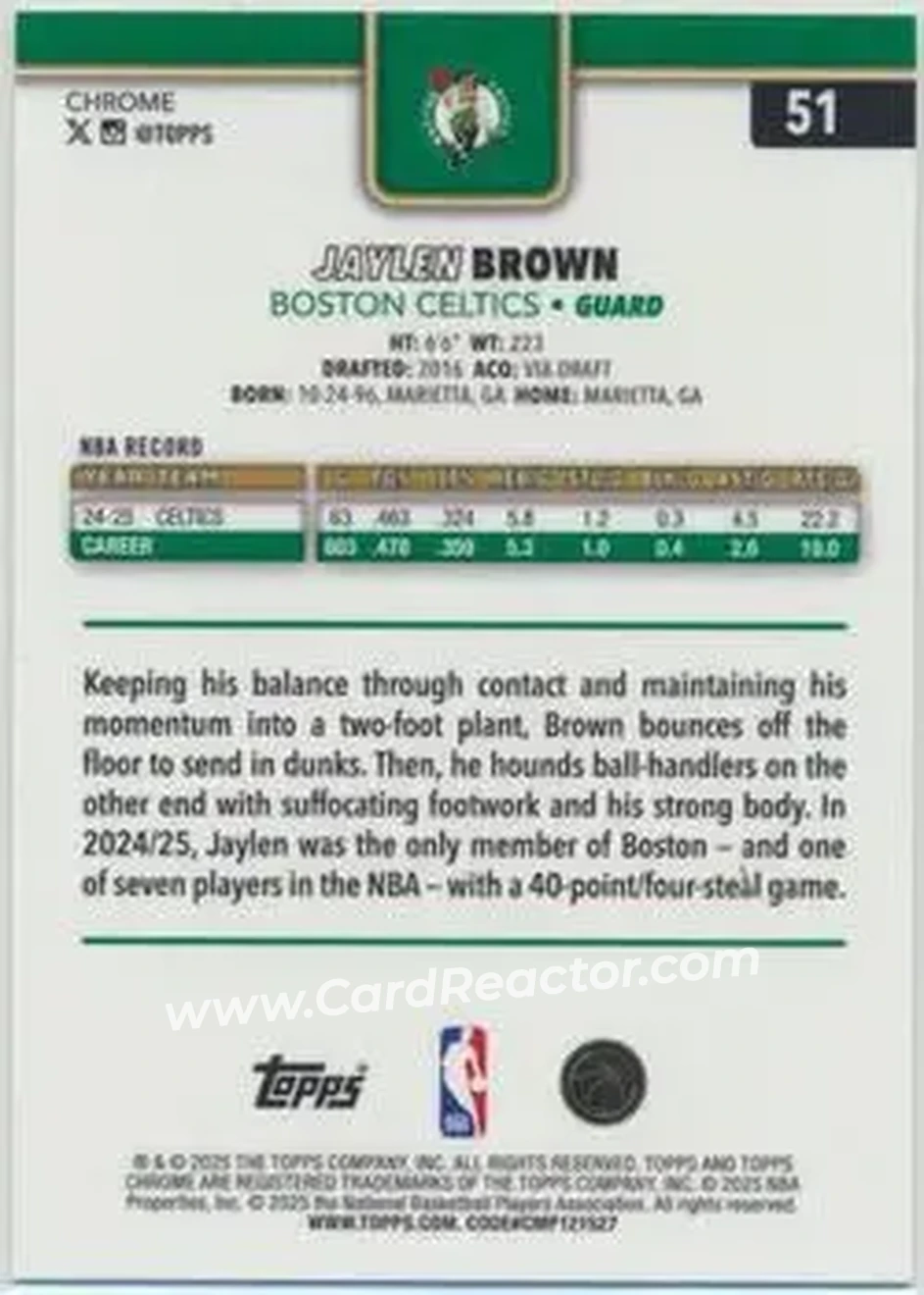 2025-26 Topps Chrome Sapphire Edition #51 - Jaylen Brown - Boston Celtics - Back