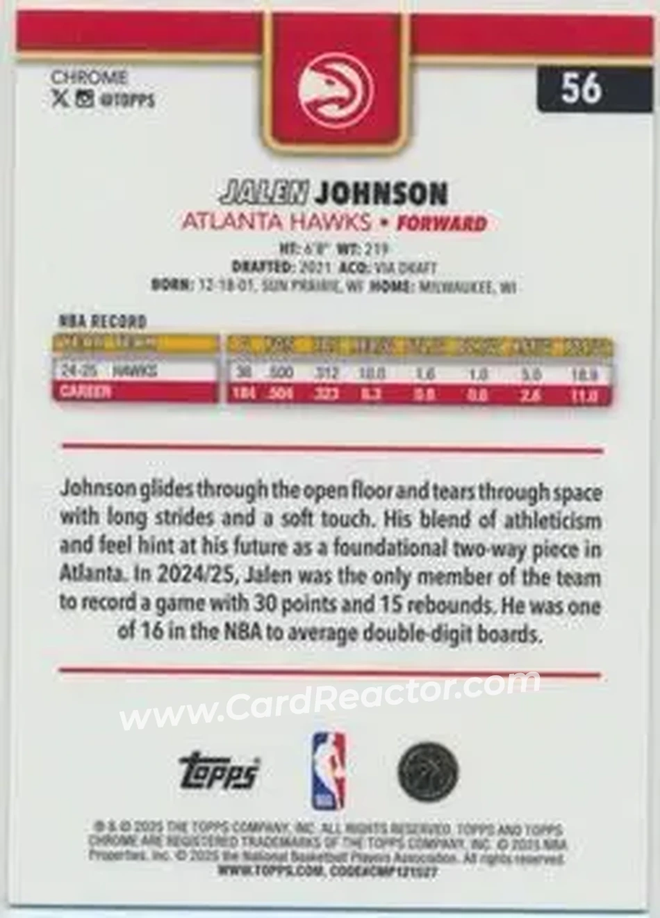 2025-26 Topps Chrome Sapphire Edition #56 - Jalen Johnson - Atlanta Hawks - Back