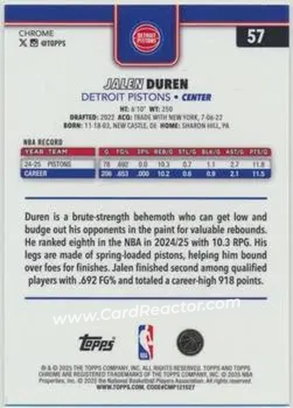 2025-26 Topps Chrome Sapphire Edition #57 - Jalen Duren - Detroit Pistons - Back 2025-26 Topps Chrome Sapphire Edition #57 - Jalen Duren - Detroit Pistons - Back