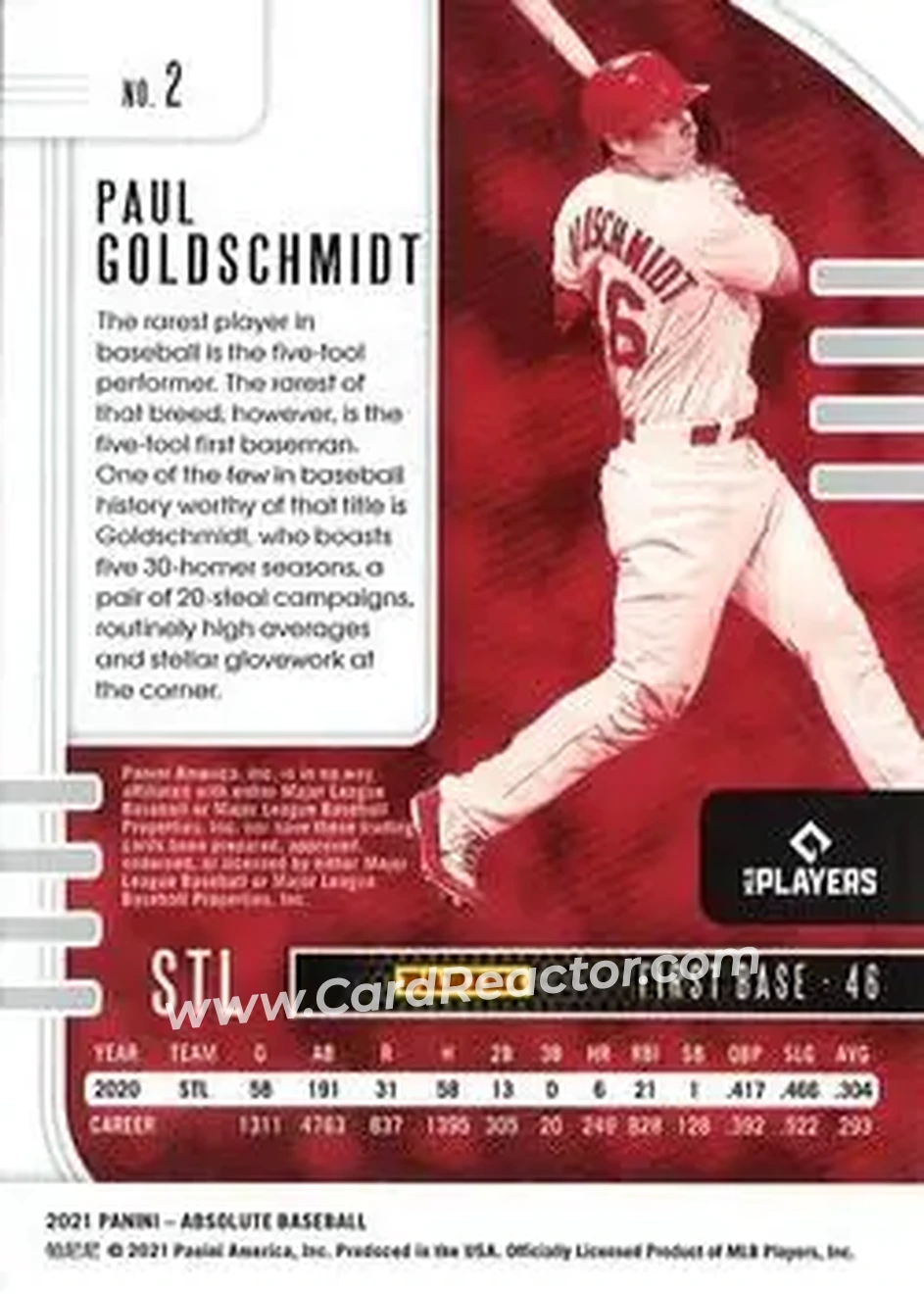 2021 Panini Absolute - Spectrum Blue #2 - Paul Goldschmidt - St. Louis Cardinals - Back