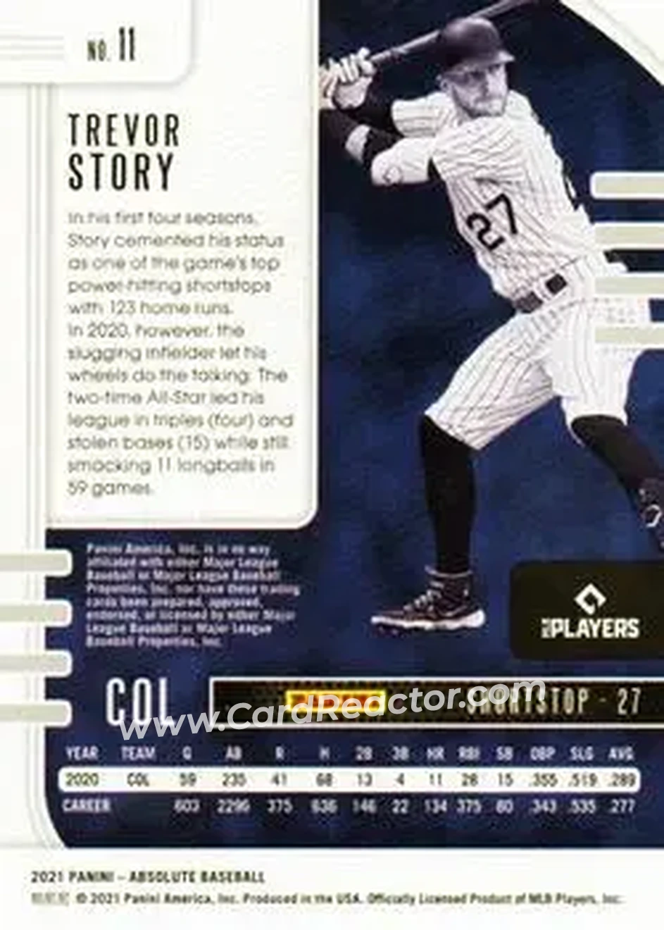 2021 Panini Absolute - Spectrum Blue #11 - Trevor Story - Colorado Rockies - Back