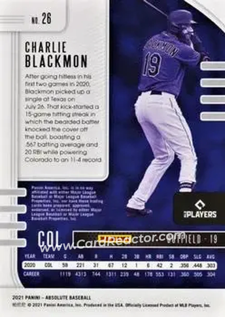 2021 Panini Absolute - Holo Silver #26 - Charlie Blackmon - Colorado Rockies - Back