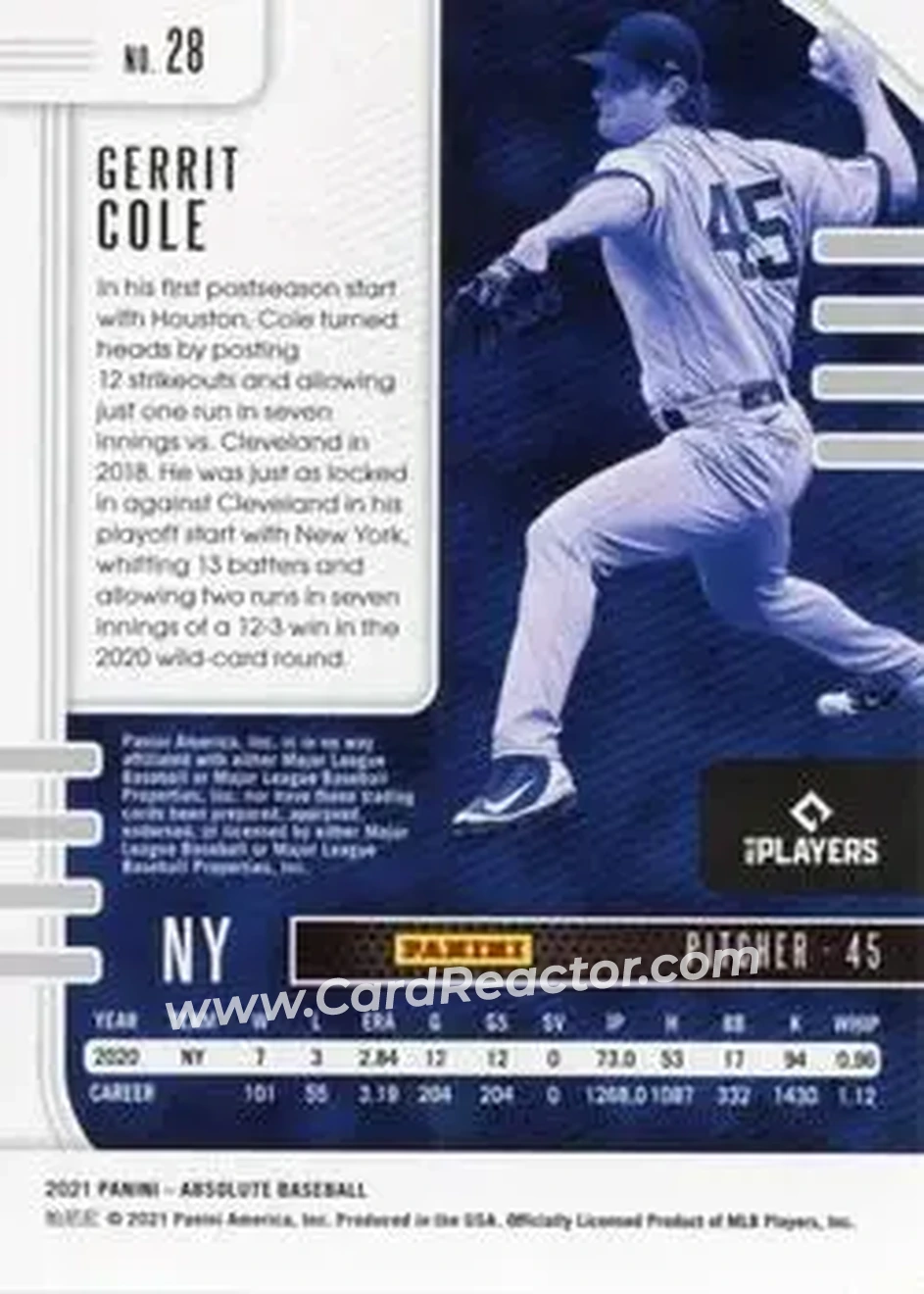 2021 Panini Absolute - Holo Silver #28 - Gerrit Cole - New York Yankees - Back