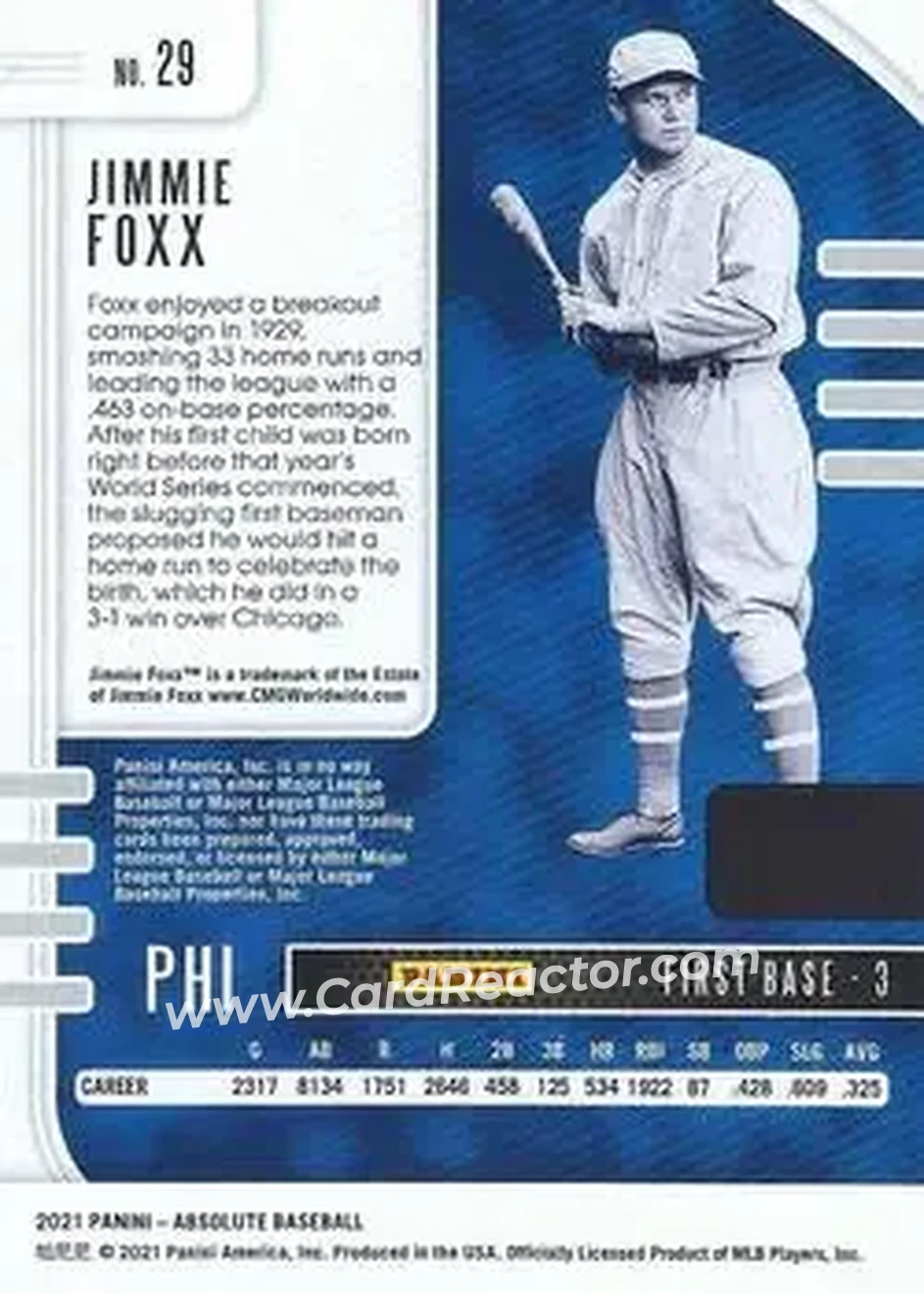 2021 Panini Absolute - Holo Silver #29 - Jimmie Foxx - Philadelphia Athletics - Back 2021 Panini Absolute - Holo Silver #29 - Jimmie Foxx - Philadelphia Athletics - Back