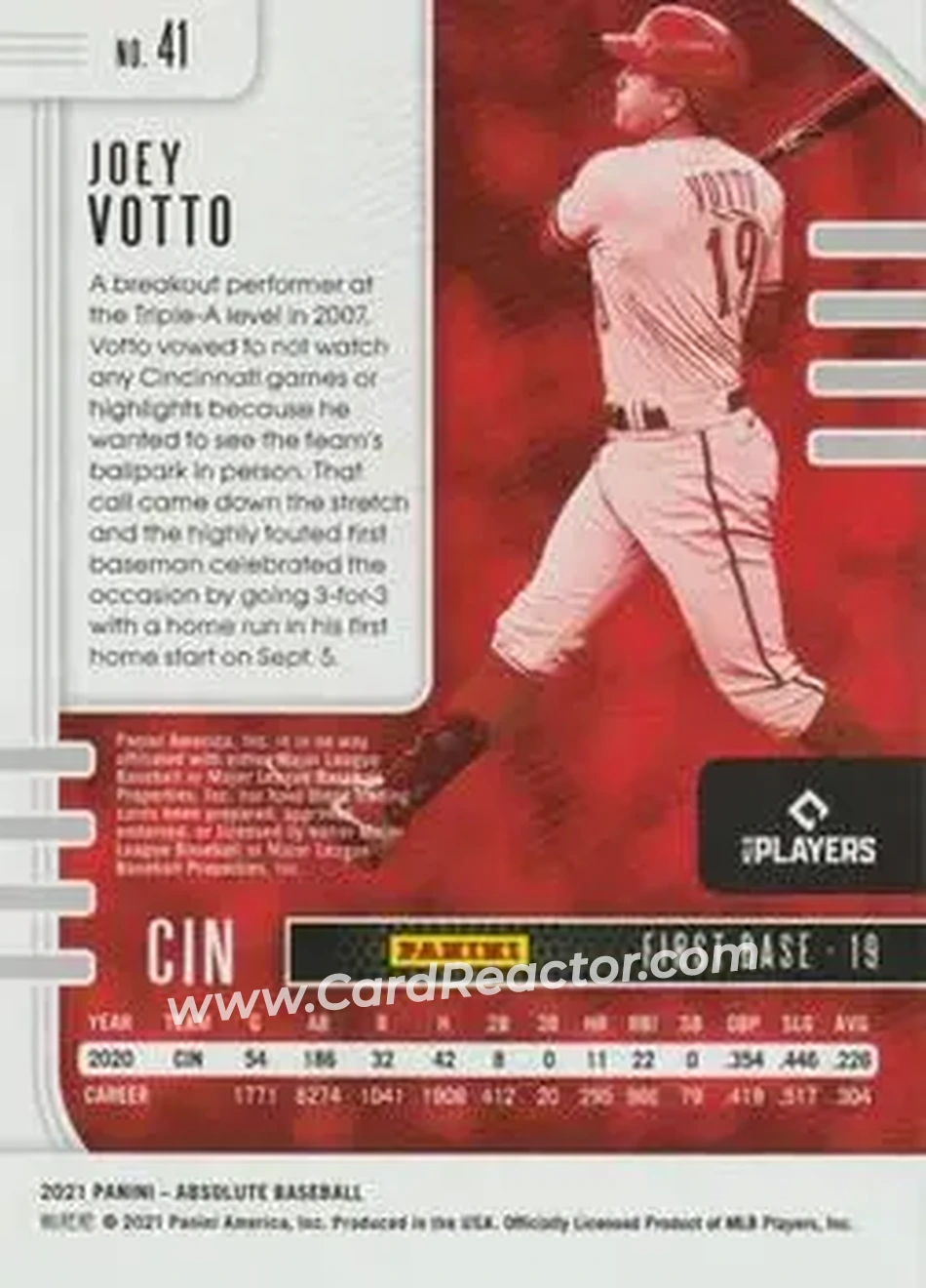 2021 Panini Absolute - Holo Silver #41 - Joey Votto - Cincinnati Reds - Back 2021 Panini Absolute - Holo Silver #41 - Joey Votto - Cincinnati Reds - Back