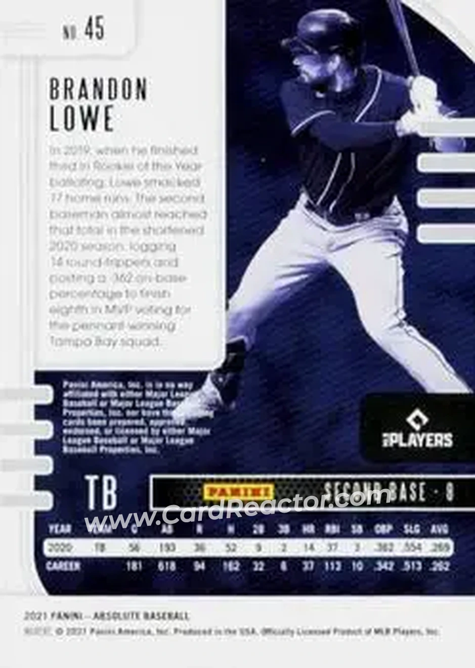 2021 Panini Absolute - Holo Silver #45 - Brandon Lowe - Tampa Bay Rays - Back 2021 Panini Absolute - Holo Silver #45 - Brandon Lowe - Tampa Bay Rays - Back