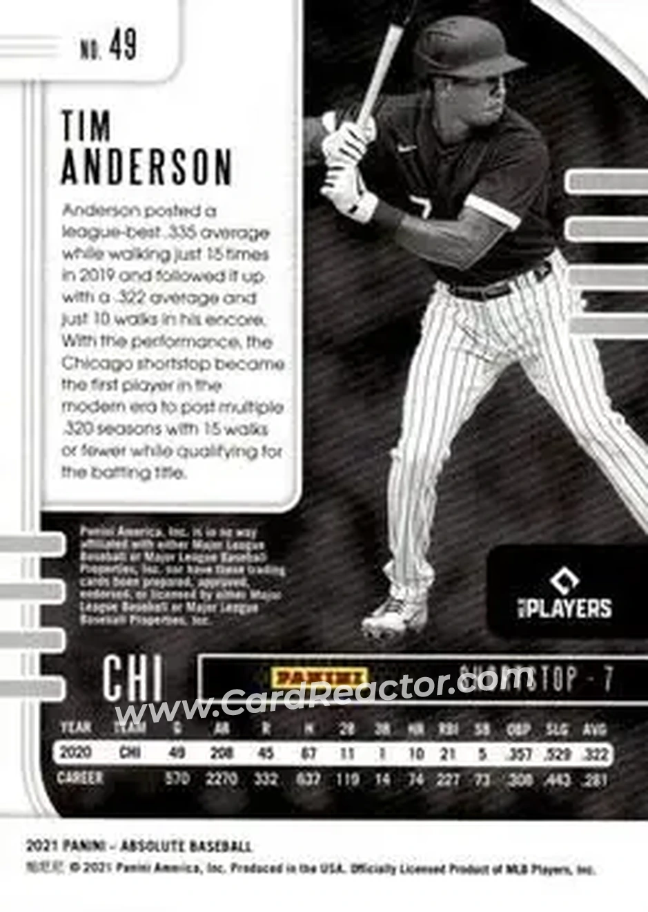 2021 Panini Absolute - Holo Silver #49 - Tim Anderson - Chicago White Sox - Back 2021 Panini Absolute - Holo Silver #49 - Tim Anderson - Chicago White Sox - Back