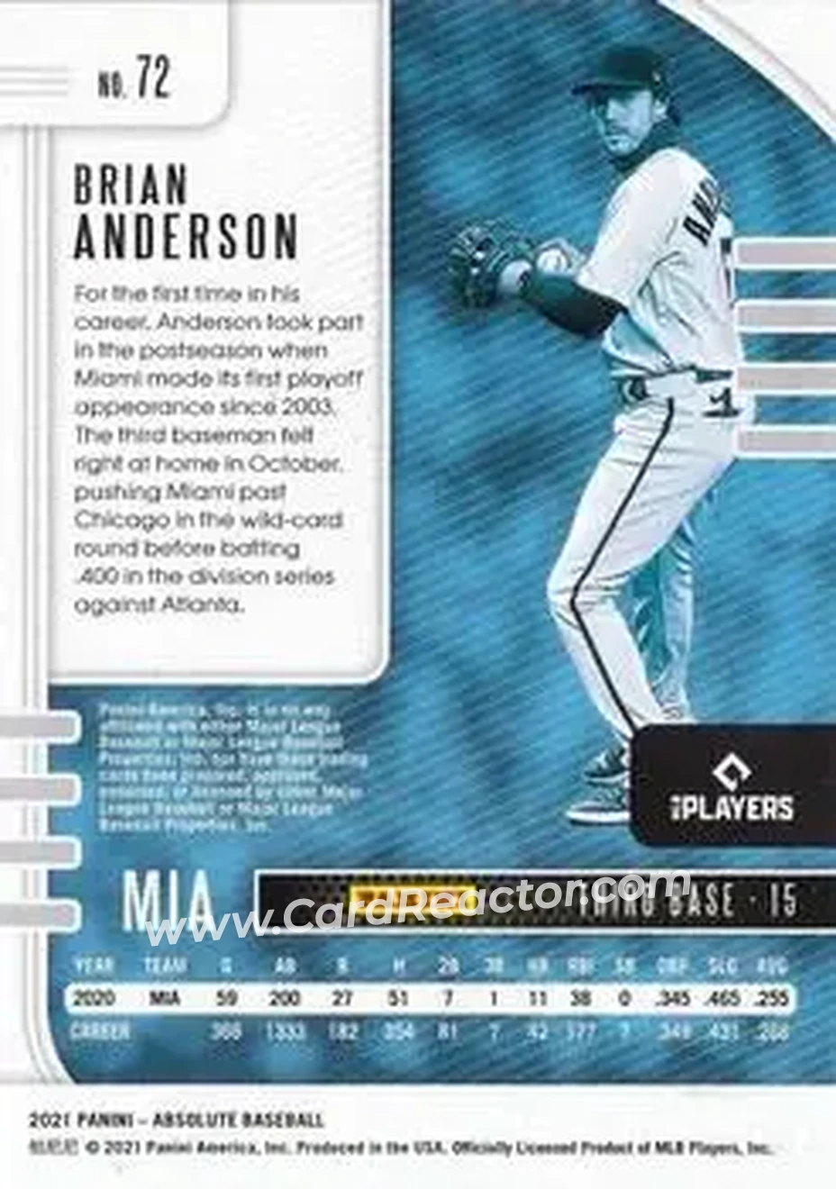 2021 Panini Absolute - Holo Silver #72 - Brian Anderson - Miami Marlins - Back