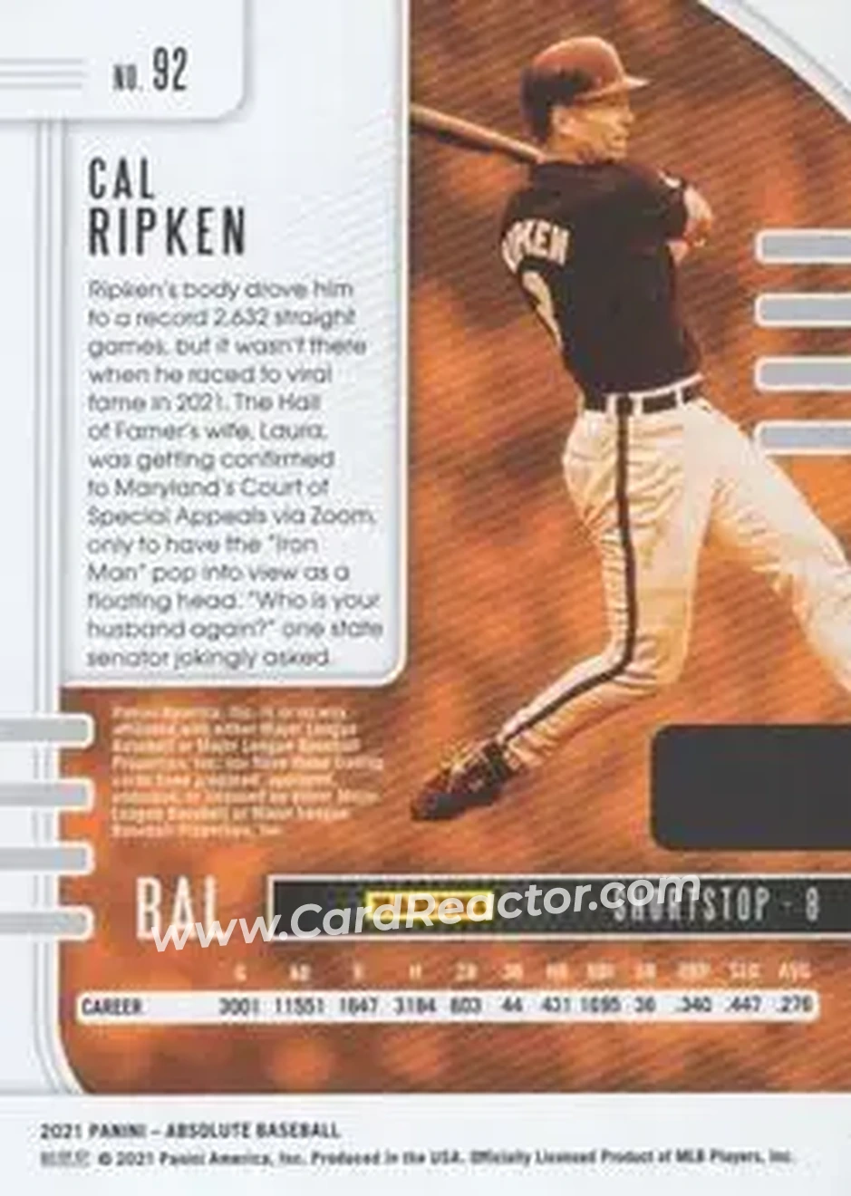 2021 Panini Absolute - Holo Silver #92 - Cal Ripken - Baltimore Orioles - Back
