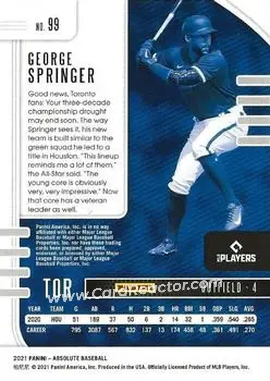 2021 Panini Absolute - Holo Silver #99 - George Springer - Toronto Blue Jays - Back