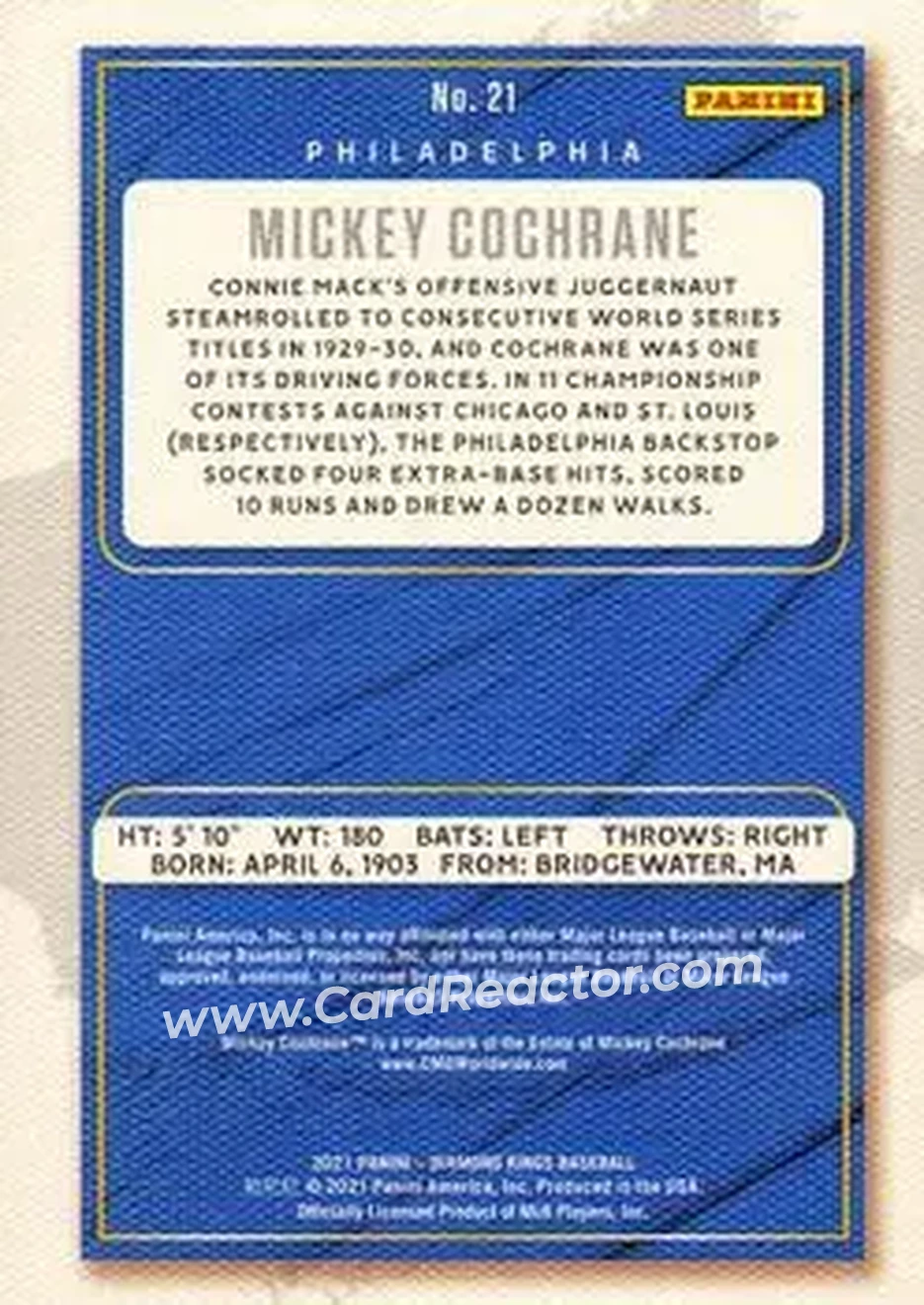 2021 Panini Diamond Kings #21 - Mickey Cochrane - Philadelphia Athletics - Back