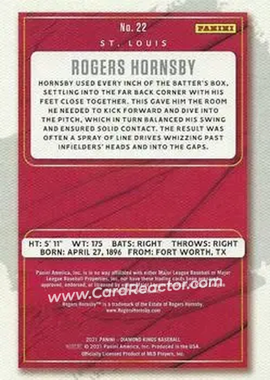 2021 Panini Diamond Kings #22 - Rogers Hornsby - St. Louis Cardinals - Back
