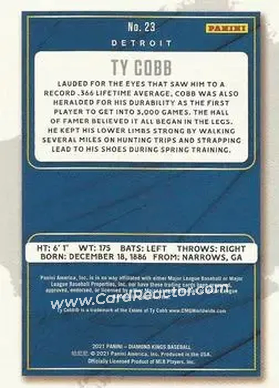 2021 Panini Diamond Kings #23 - Ty Cobb - Detroit Tigers - Back 2021 Panini Diamond Kings #23 - Ty Cobb - Detroit Tigers - Back