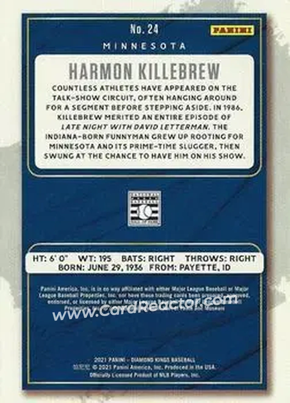 2021 Panini Diamond Kings #24 - Harmon Killebrew - Minnesota Twins - Back