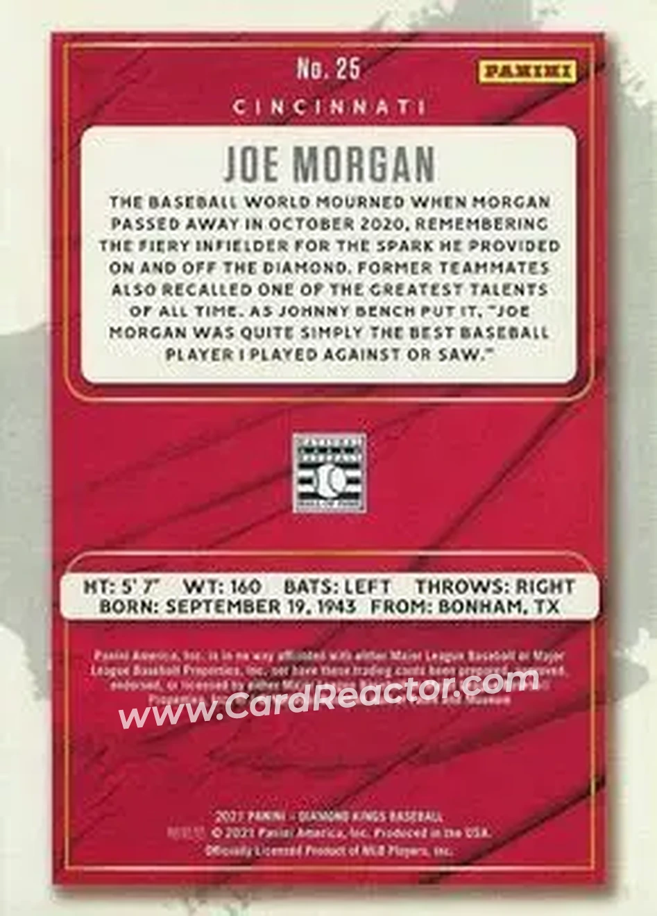 2021 Panini Diamond Kings #25 - Joe Morgan - Cincinnati Reds - Back