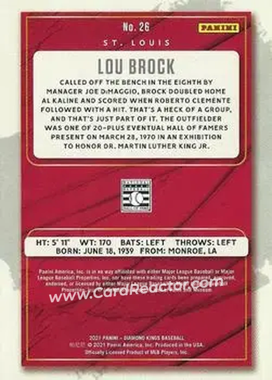 2021 Panini Diamond Kings #26 - Lou Brock - St. Louis Cardinals - Back 2021 Panini Diamond Kings #26 - Lou Brock - St. Louis Cardinals - Back