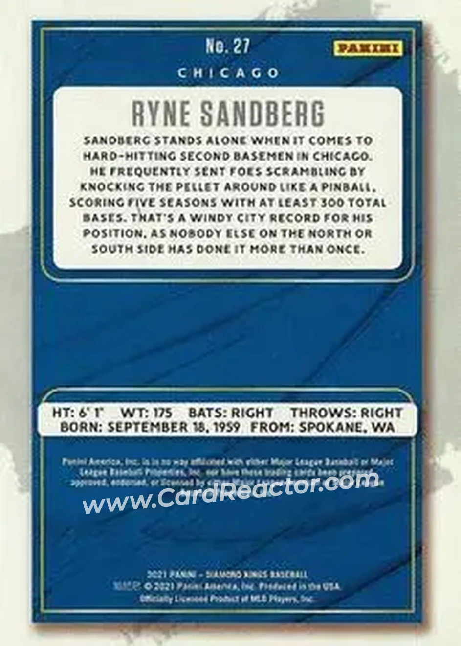 2021 Panini Diamond Kings #27 - Ryne Sandberg - Chicago Cubs - Back