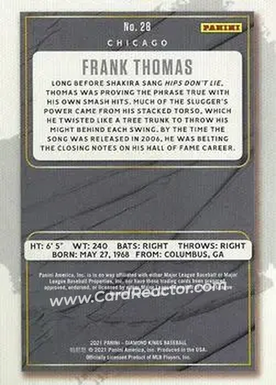 2021 Panini Diamond Kings #28 - Frank Thomas - Chicago White Sox - Back