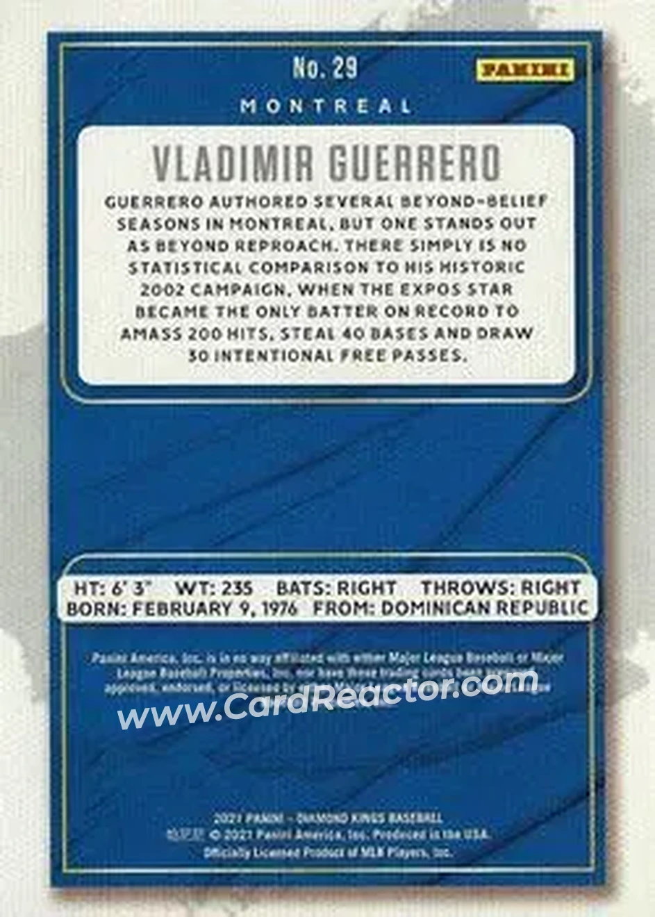 2021 Panini Diamond Kings #29 - Vladimir Guerrero - Montreal Expos - Back 2021 Panini Diamond Kings #29 - Vladimir Guerrero - Montreal Expos - Back