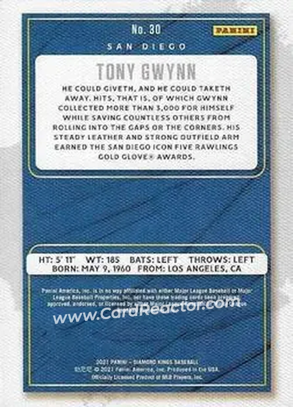 2021 Panini Diamond Kings #30 - Tony Gwynn - San Diego Padres - Back 2021 Panini Diamond Kings #30 - Tony Gwynn - San Diego Padres - Back