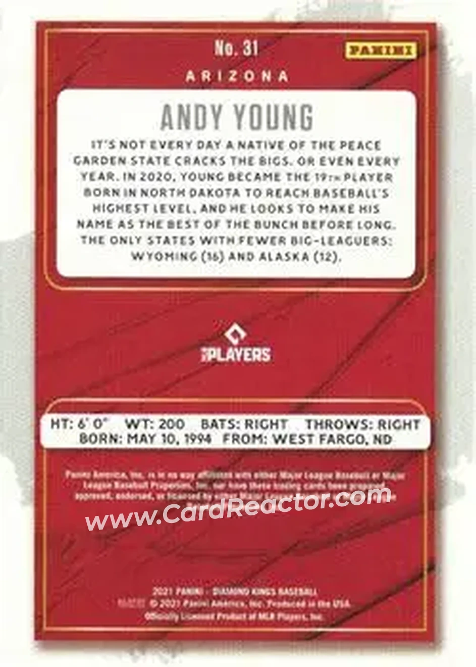 2021 Panini Diamond Kings #31 - Andy Young - Arizona Diamondbacks - Back