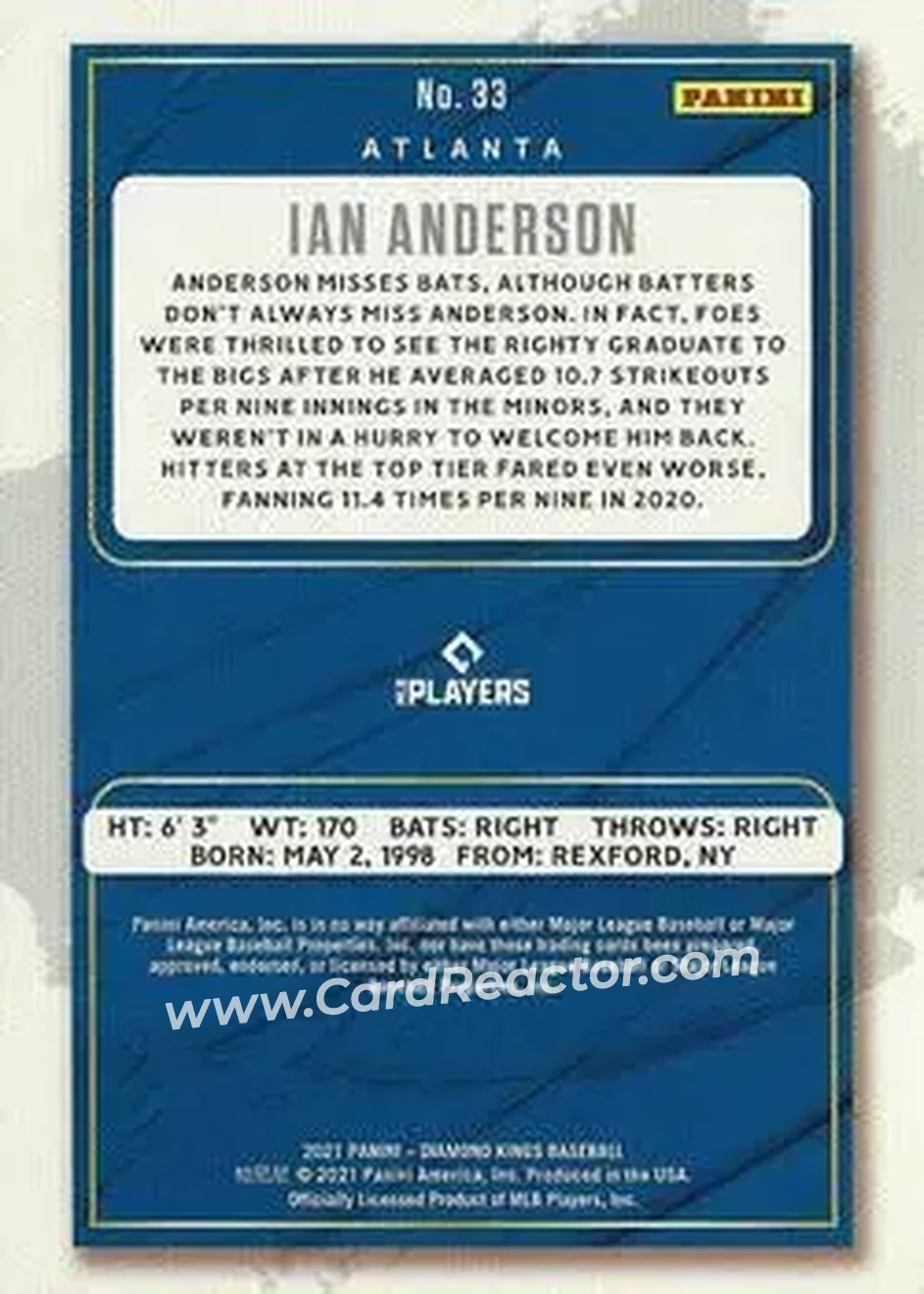 2021 Panini Diamond Kings #33 - Ian Anderson - Atlanta Braves - Back