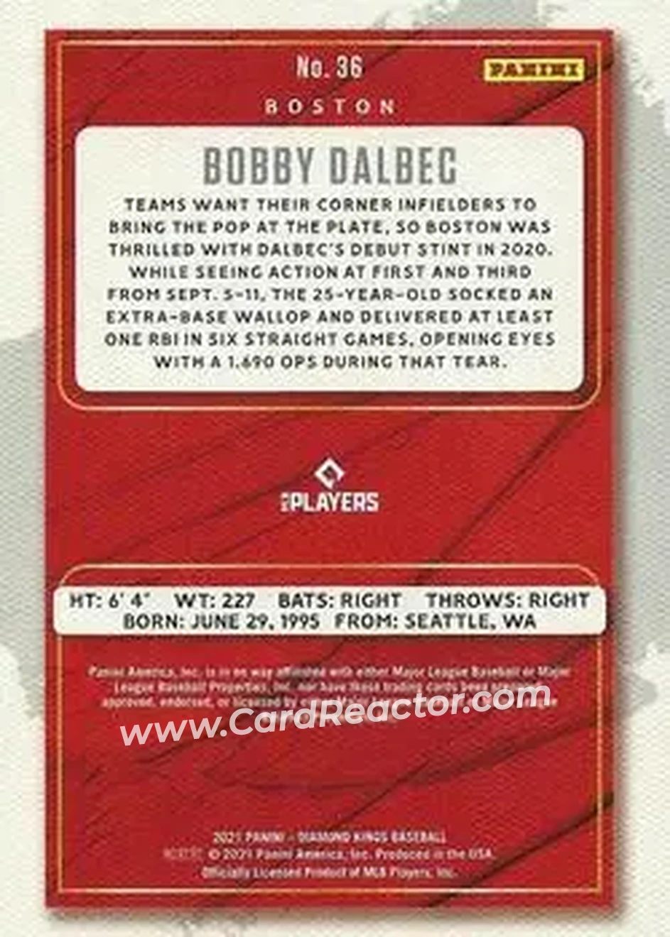 2021 Panini Diamond Kings #36 - Bobby Dalbec - Boston Red Sox - Back