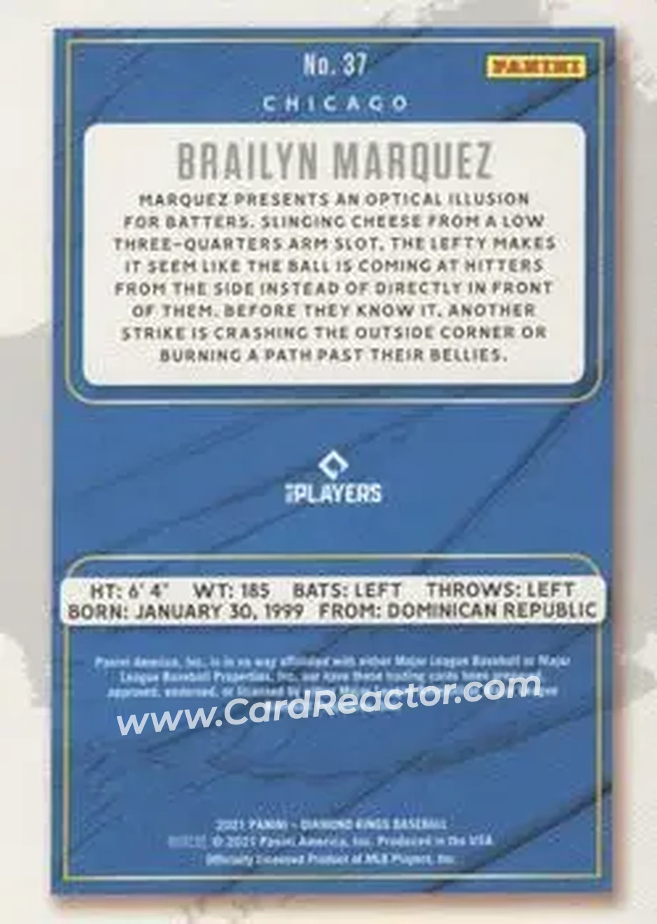 2021 Panini Diamond Kings #37 - Brailyn Marquez - Chicago Cubs - Back 2021 Panini Diamond Kings #37 - Brailyn Marquez - Chicago Cubs - Back