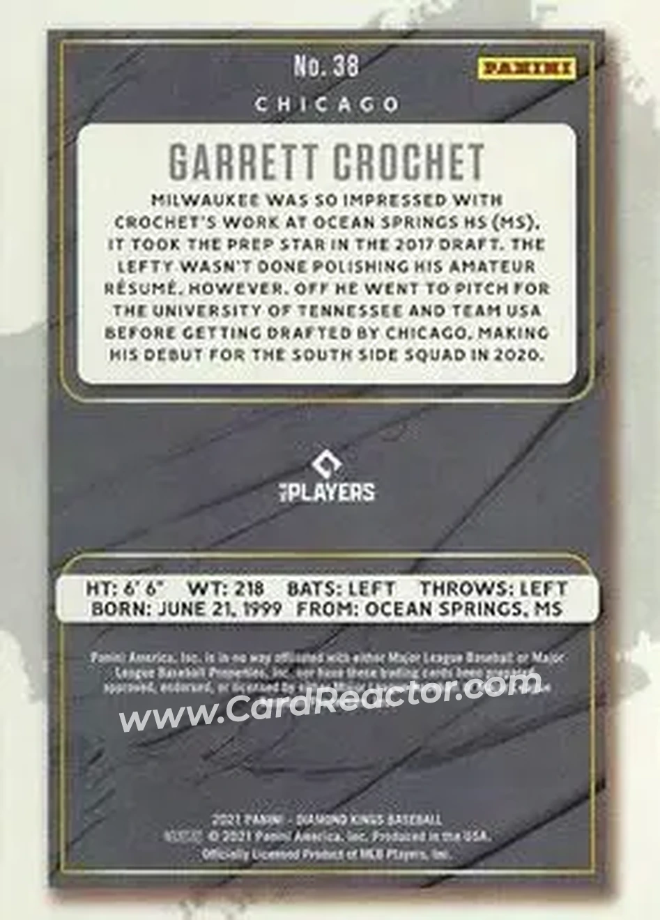 2021 Panini Diamond Kings #38 - Garrett Crochet - Chicago White Sox - Back