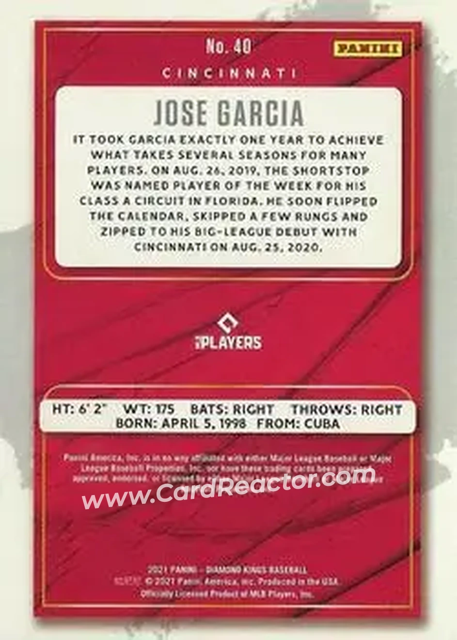 2021 Panini Diamond Kings #40 - José Barrero - Cincinnati Reds - Back 2021 Panini Diamond Kings #40 - José Barrero - Cincinnati Reds - Back