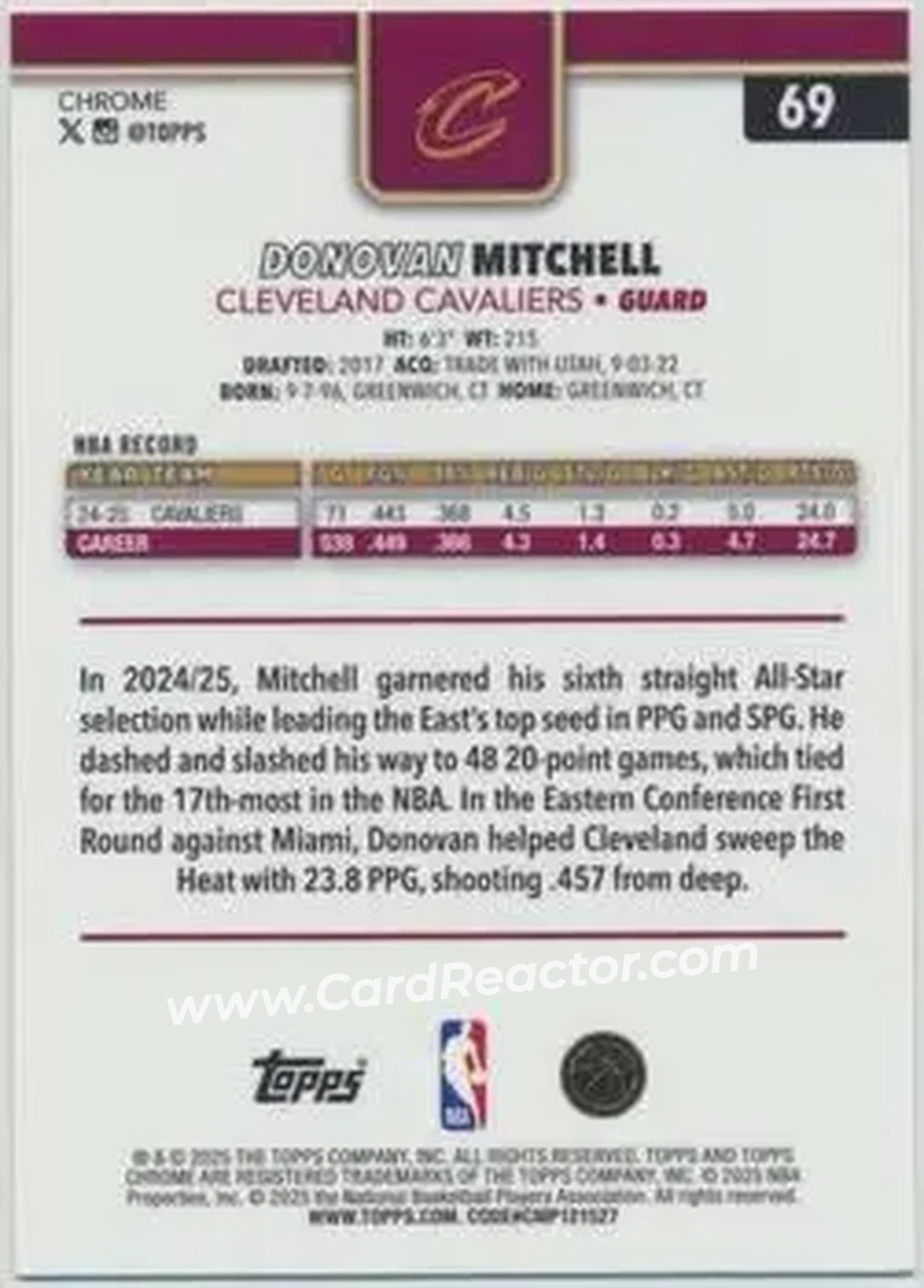 2025-26 Topps Chrome Sapphire Edition #69 - Donovan Mitchell - Cleveland Cavaliers - Back 2025-26 Topps Chrome Sapphire Edition #69 - Donovan Mitchell - Cleveland Cavaliers - Back