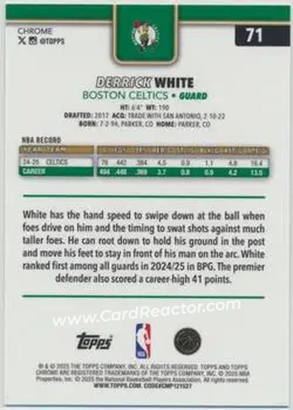 2025-26 Topps Chrome Sapphire Edition #71 - Derrick White - Boston Celtics - Back