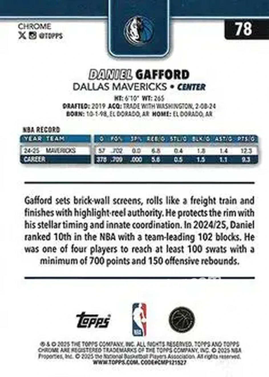 2025-26 Topps Chrome Sapphire Edition #78 - Daniel Gafford - Dallas Mavericks - Back