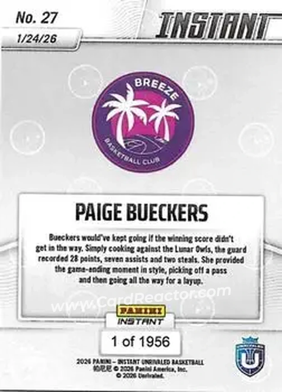 2026 Panini Instant Unrivaled #27 - Paige Bueckers - Breeze - Back