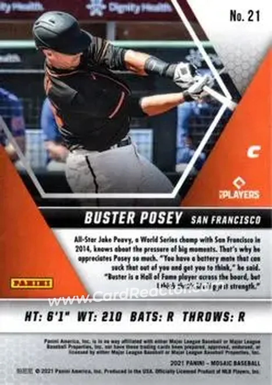 2021 Panini Mosaic #21 - Buster Posey - San Francisco Giants - Back