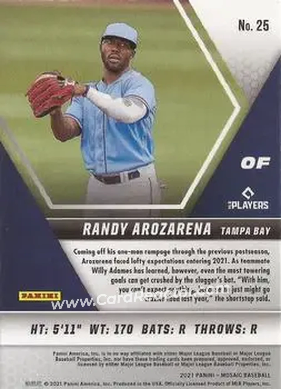 2021 Panini Mosaic #25 - Randy Arozarena - Tampa Bay Rays - Back