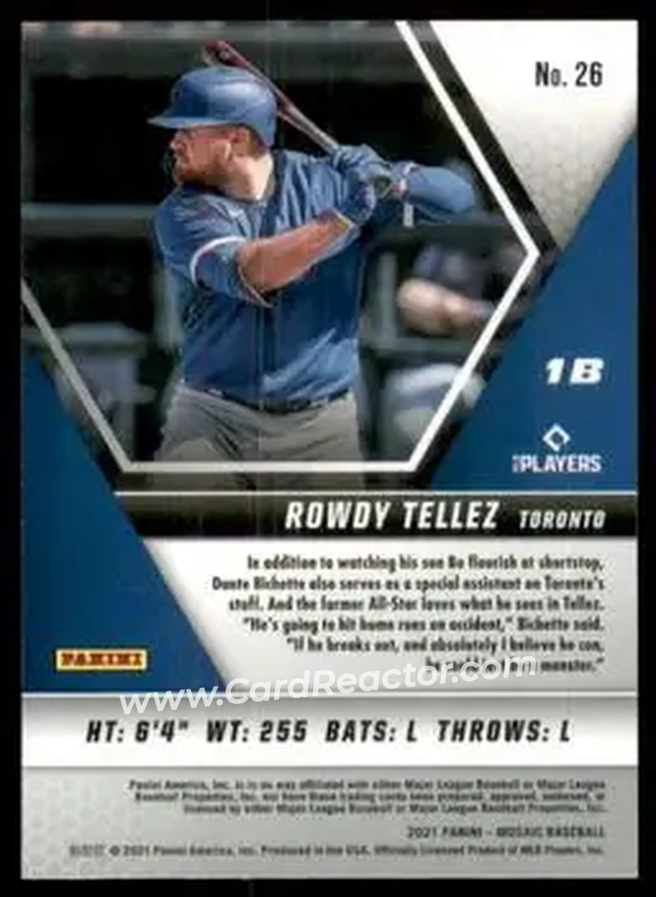 2021 Panini Mosaic #26 - Rowdy Tellez - Toronto Blue Jays - Back 2021 Panini Mosaic #26 - Rowdy Tellez - Toronto Blue Jays - Back