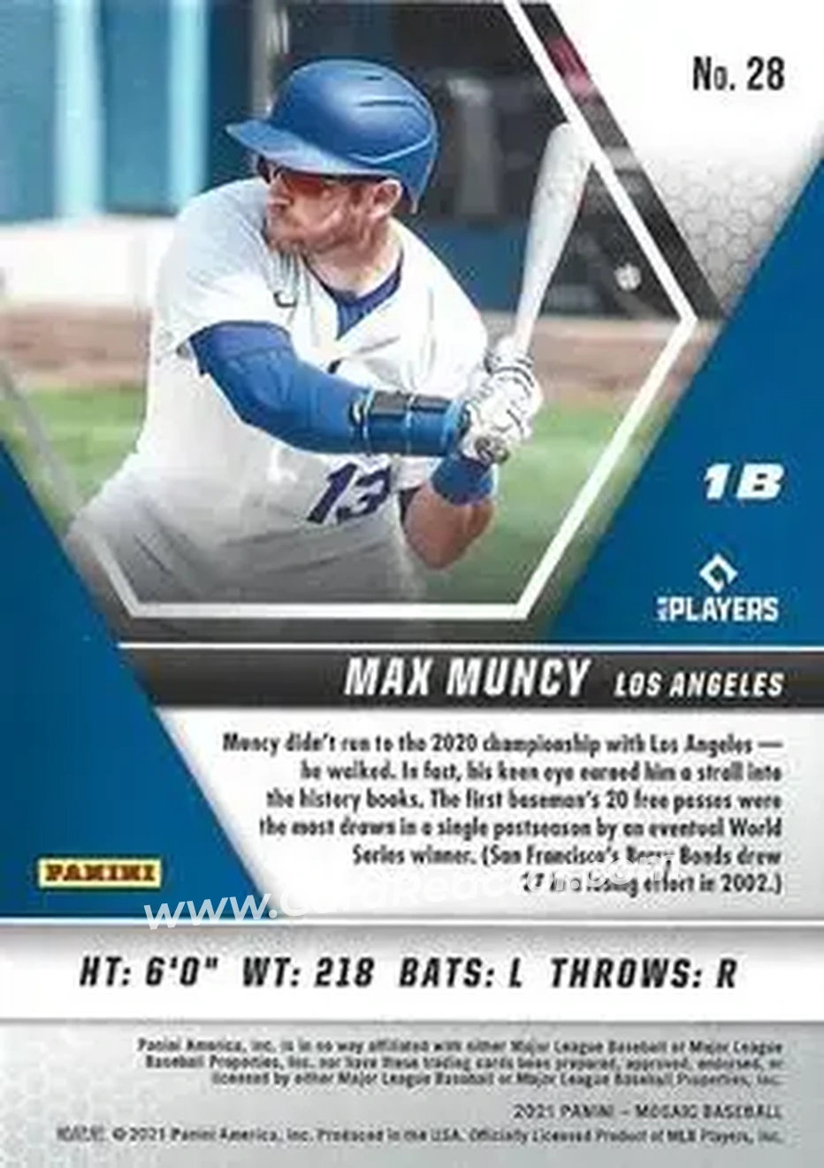 2021 Panini Mosaic #28 - Max Muncy - Los Angeles Dodgers - Back