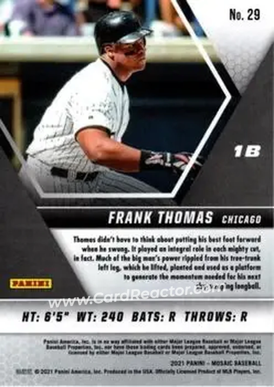 2021 Panini Mosaic #29 - Frank Thomas - Chicago White Sox - Back