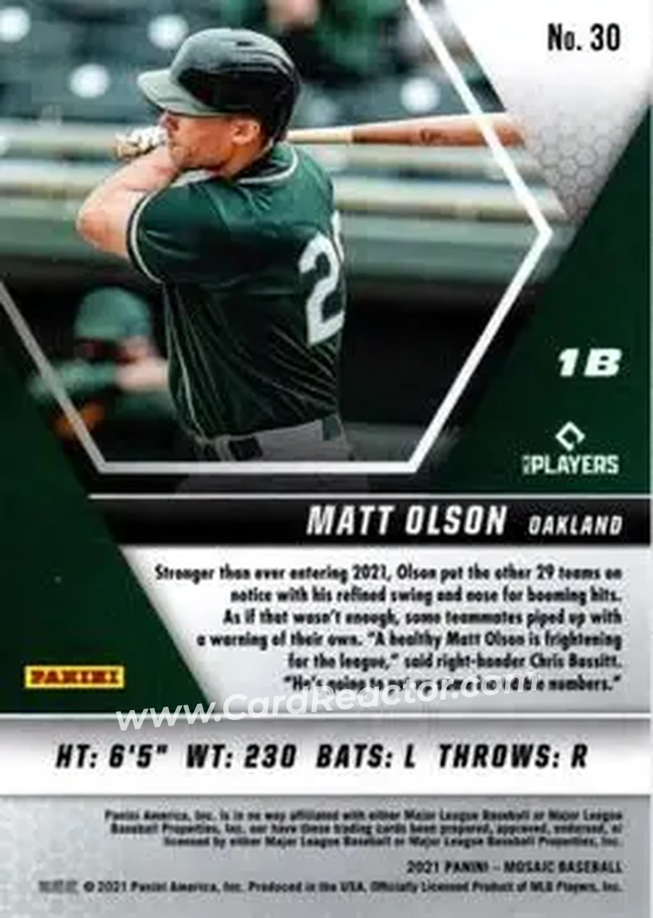2021 Panini Mosaic #30 - Matt Olson - Oakland Athletics - Back 2021 Panini Mosaic #30 - Matt Olson - Oakland Athletics - Back