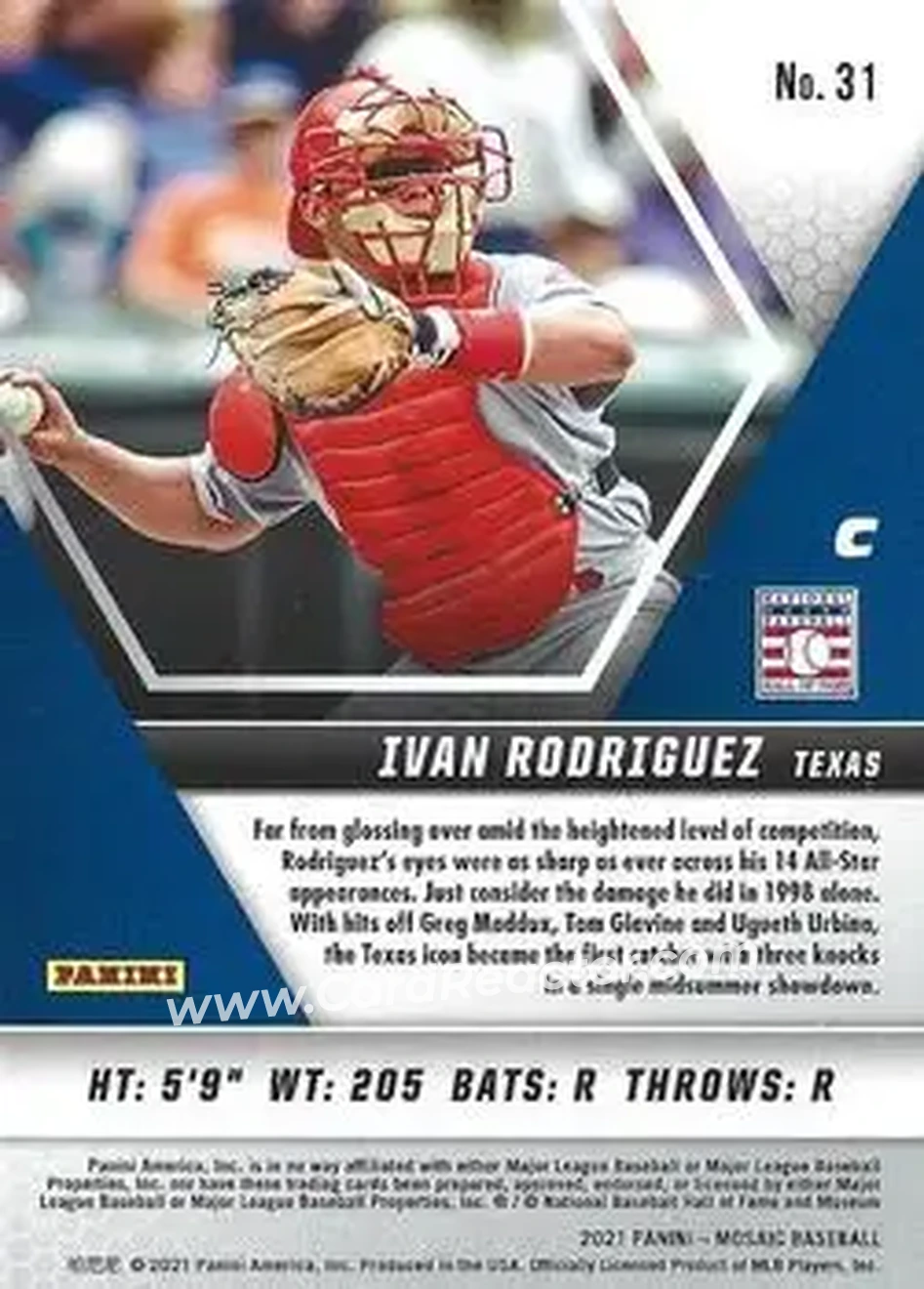 2021 Panini Mosaic #31 - Ivan Rodriguez - Texas Rangers - Back