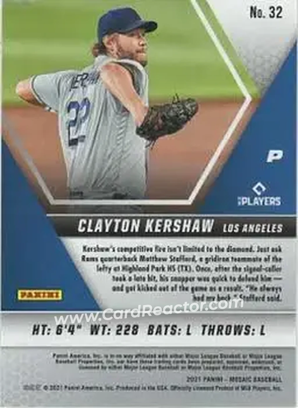 2021 Panini Mosaic #32 - Clayton Kershaw - Los Angeles Dodgers - Back 2021 Panini Mosaic #32 - Clayton Kershaw - Los Angeles Dodgers - Back