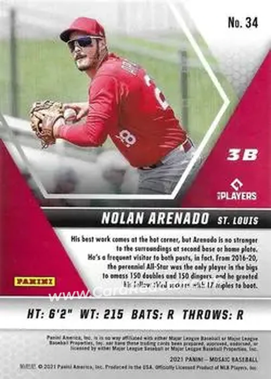 2021 Panini Mosaic #34 - Nolan Arenado - St. Louis Cardinals - Back