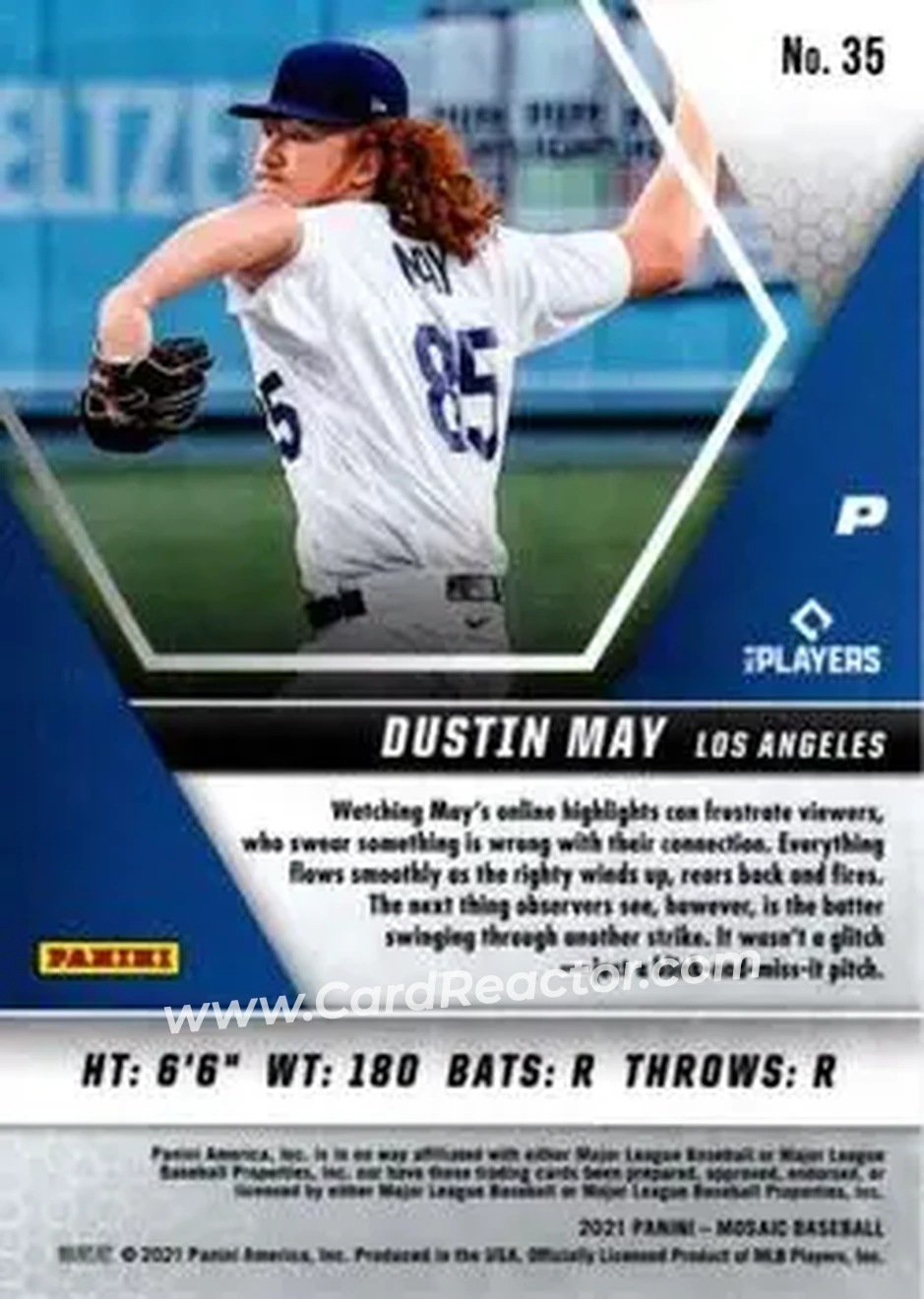 2021 Panini Mosaic #35 - Dustin May - Los Angeles Dodgers - Back