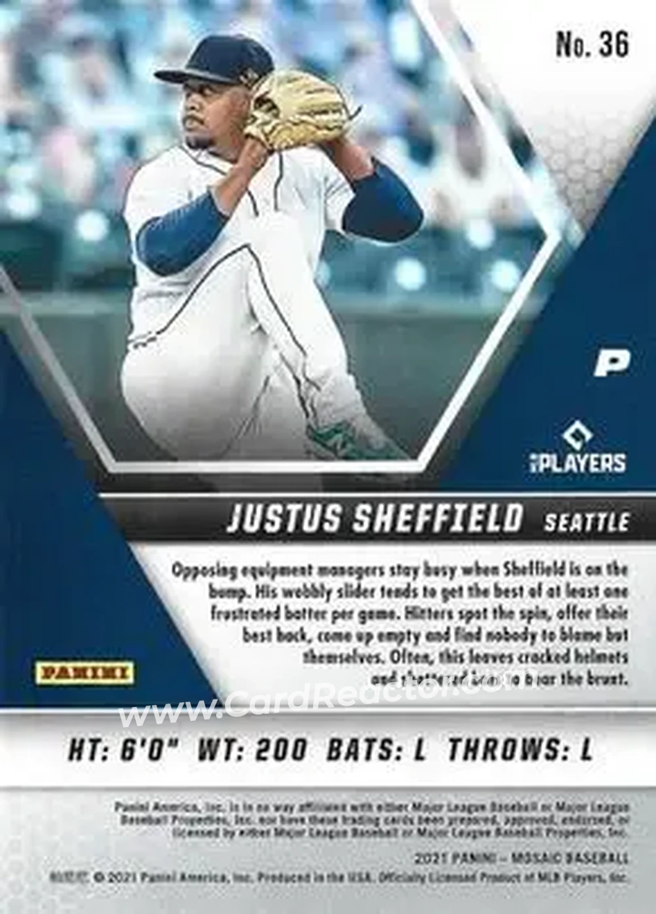 2021 Panini Mosaic #36 - Justus Sheffield - Seattle Mariners - Back