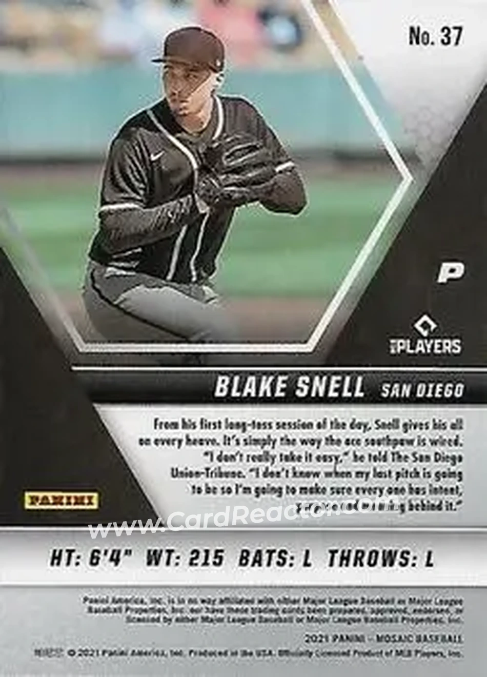 2021 Panini Mosaic #37 - Blake Snell - San Diego Padres - Back 2021 Panini Mosaic #37 - Blake Snell - San Diego Padres - Back
