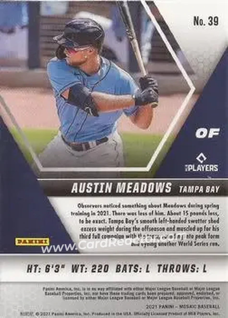 2021 Panini Mosaic #39 - Austin Meadows - Tampa Bay Rays - Back